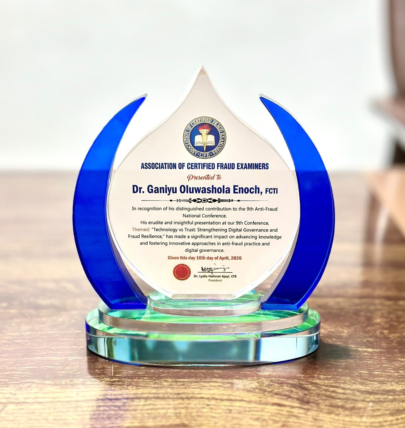 Recognition — 9th Anti-Fraud National Conference — Association of Certified Fraud Examiners