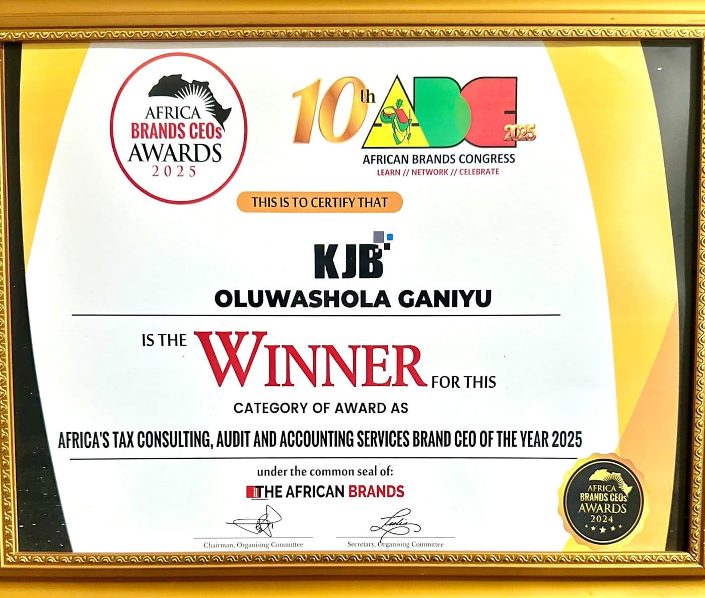 Brand CEO of the Year — Certificate — Africa Brands CEOs Awards · 10th African Brands Congress