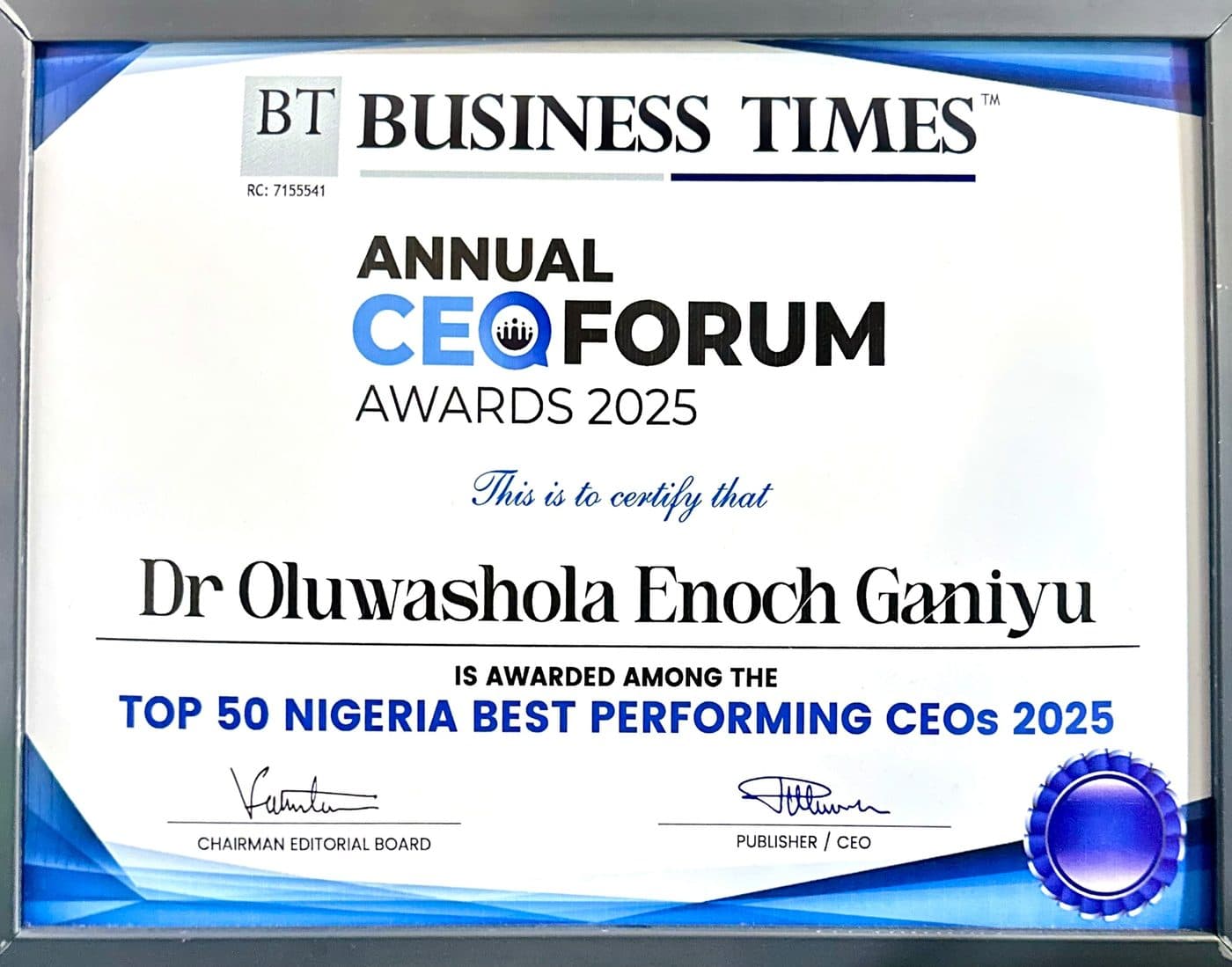 Top 50 Nigeria Best Performing CEOs — Certificate — Business Times Annual CEO Forum Awards