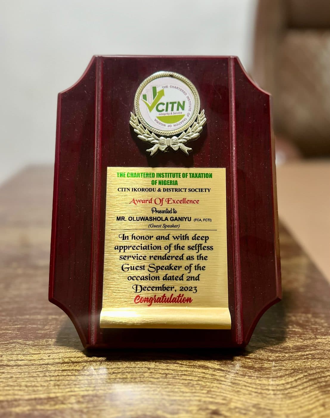 Award of Excellence — Guest Speaker — CITN Ikorodu & District Society