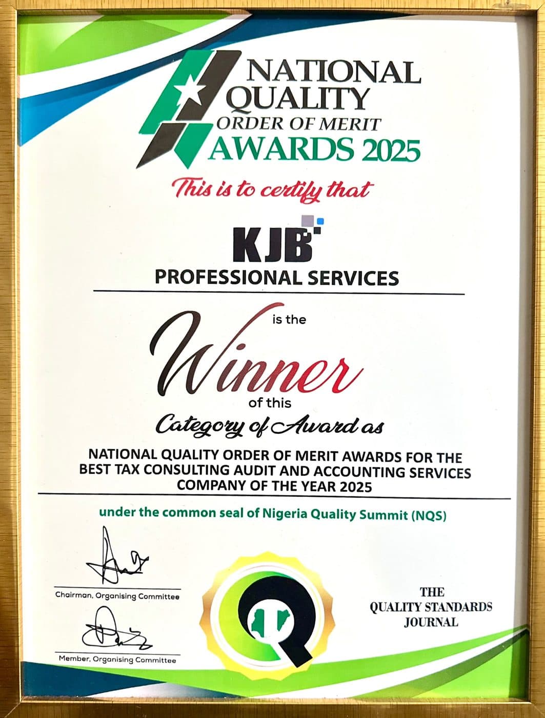 Best Tax Consulting, Audit and Accounting Services Company — Certificate — National Quality Order of Merit Awards · Nigeria Quality Summit