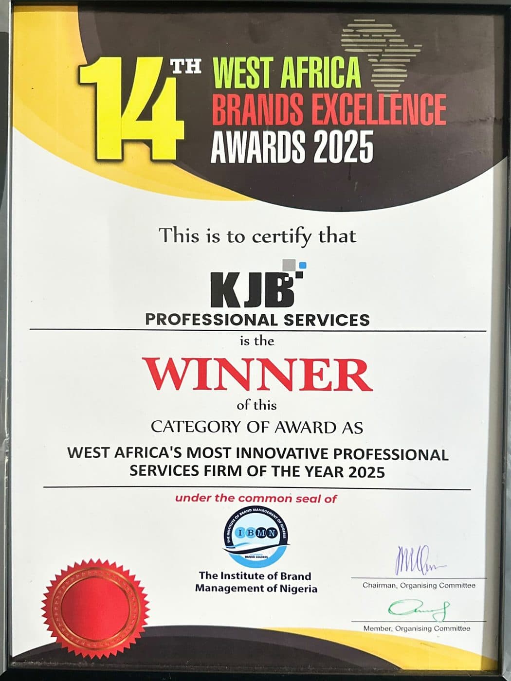 West Africa’s Most Innovative Professional Services Firm — Certificate — 14th West Africa Brands Excellence Awards · The Institute of Brand Management of Nigeria